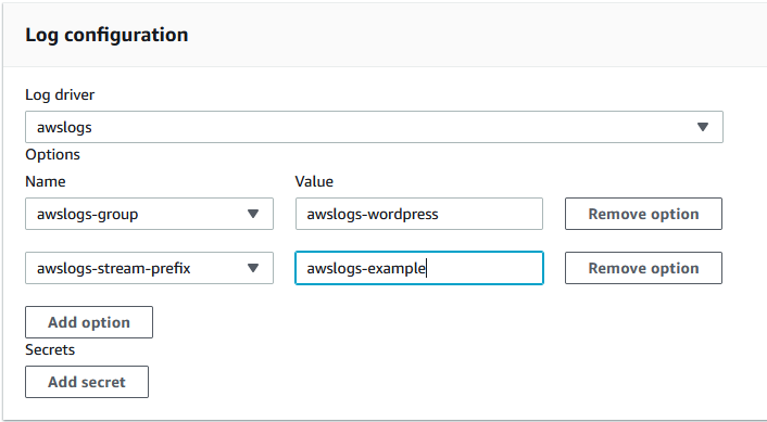 Log configuration interface showing awslogs driver with group and stream prefix options.