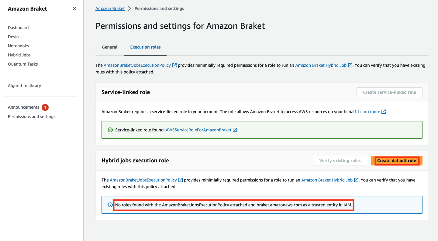 Página de permisos y configuración de Amazon Braket que muestra un rol vinculado a un servicio encontrado y ningún rol de ejecución de trabajos híbridos.