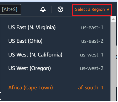 AWS Selector de regiones en la AWS Cloud9 consola