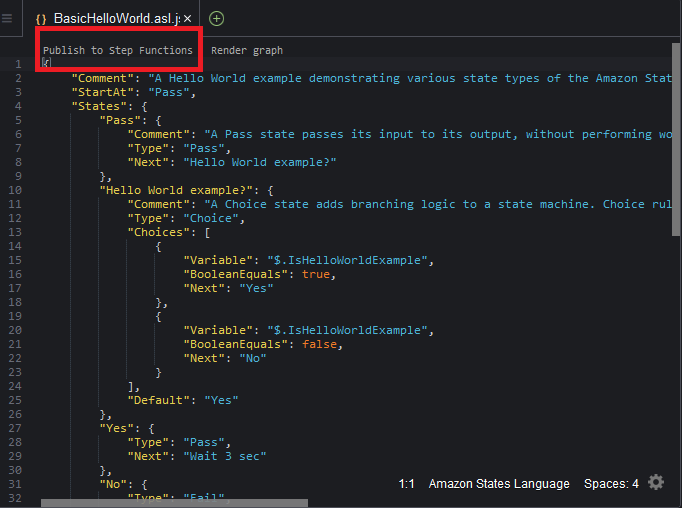 JSON code for a Hello World example in Lenguaje de estados de Amazon, showing state types and choices.