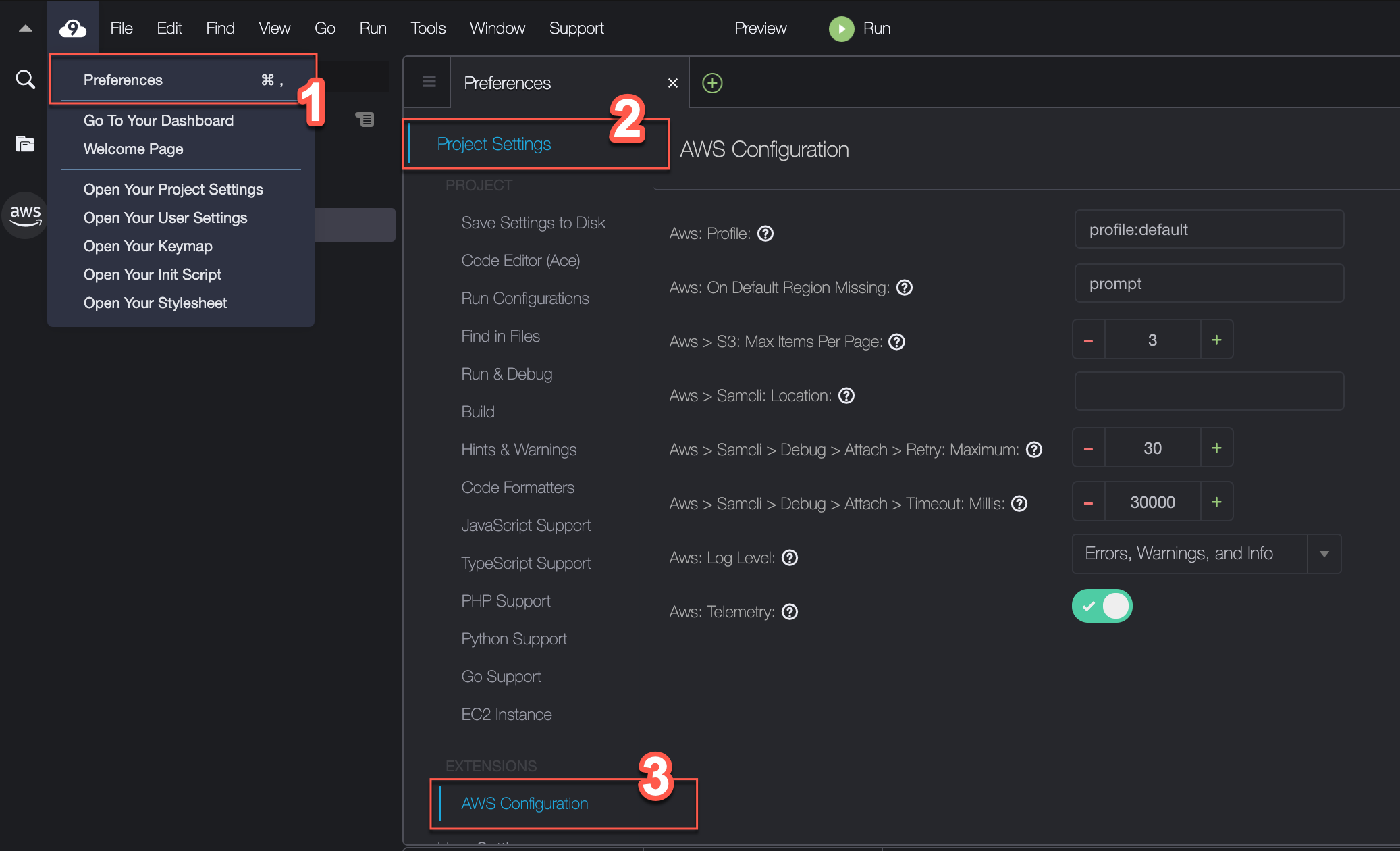 Captura de pantalla etiquetada que muestra la ubicación del menú AWS Configuration (Configuración de ) para AWS Toolkit