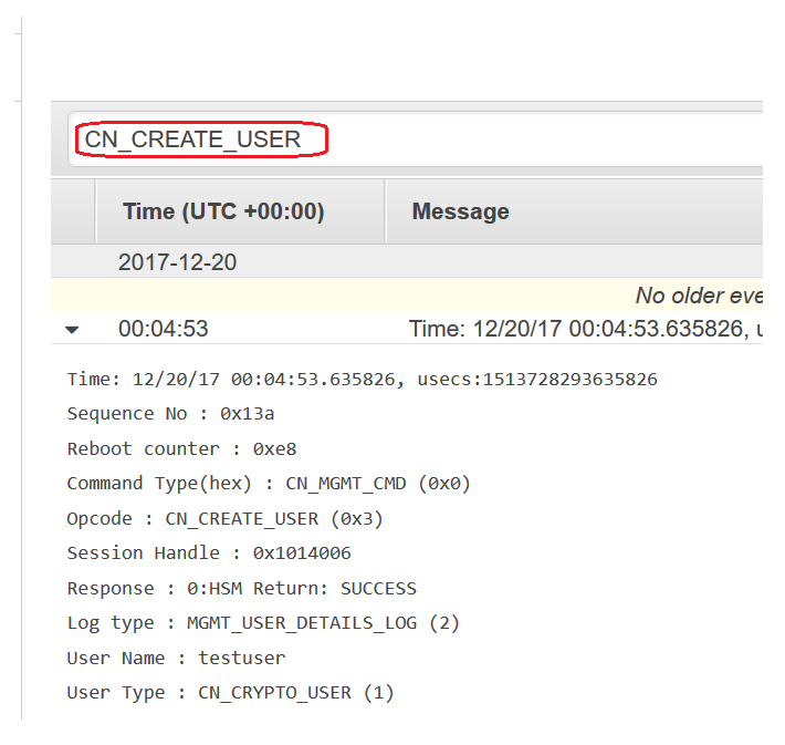 Filtrar un evento de un registro de AWS CloudHSM auditoría en CloudWatch Logs por su Opcode valor.