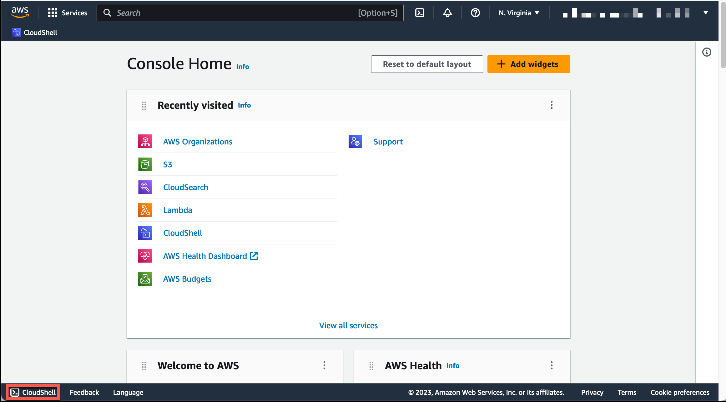 AWS CloudShell Cajón de consola