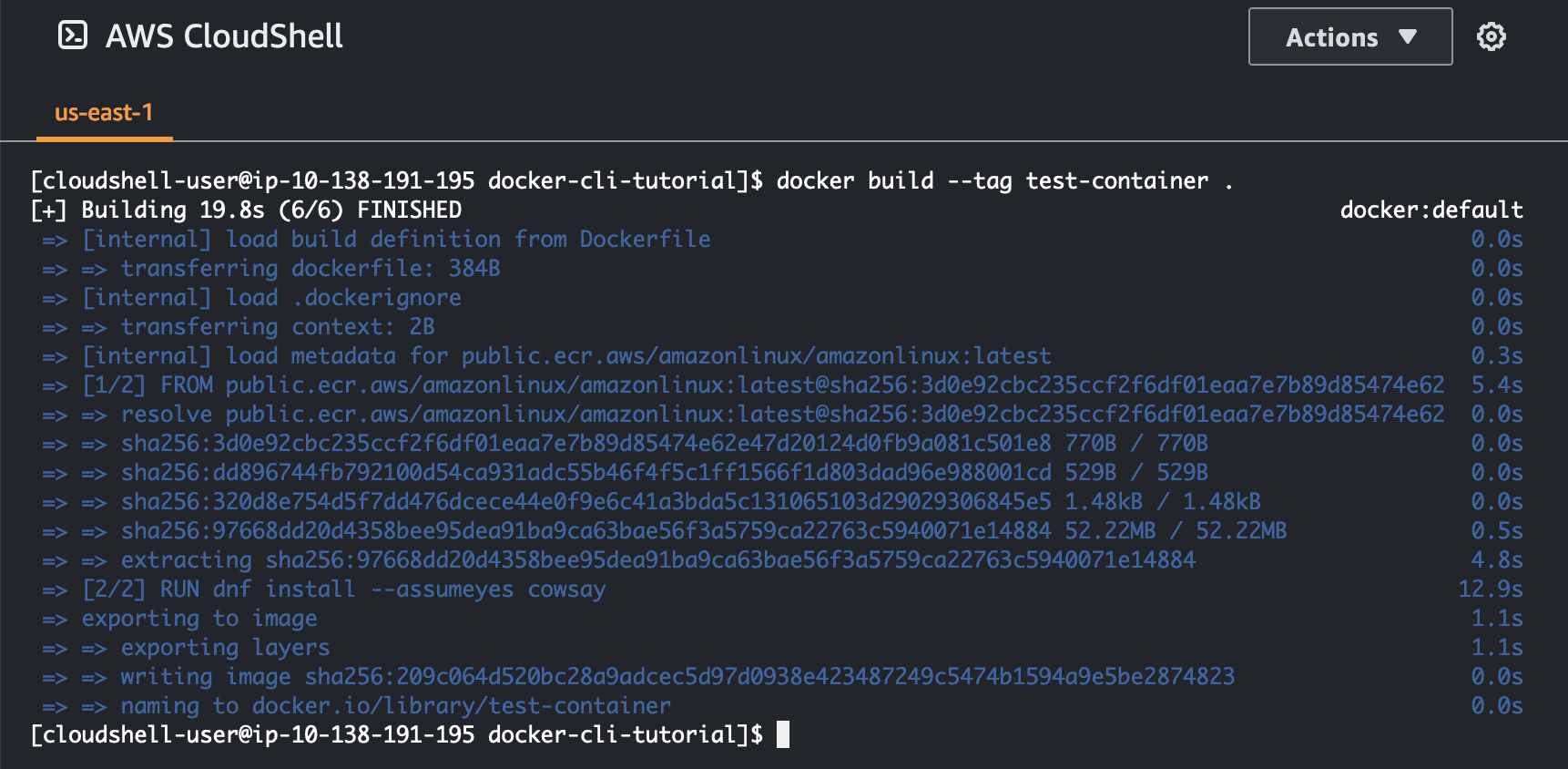 Imagen del comando docker build ejecutado en su interior. AWS CloudShell