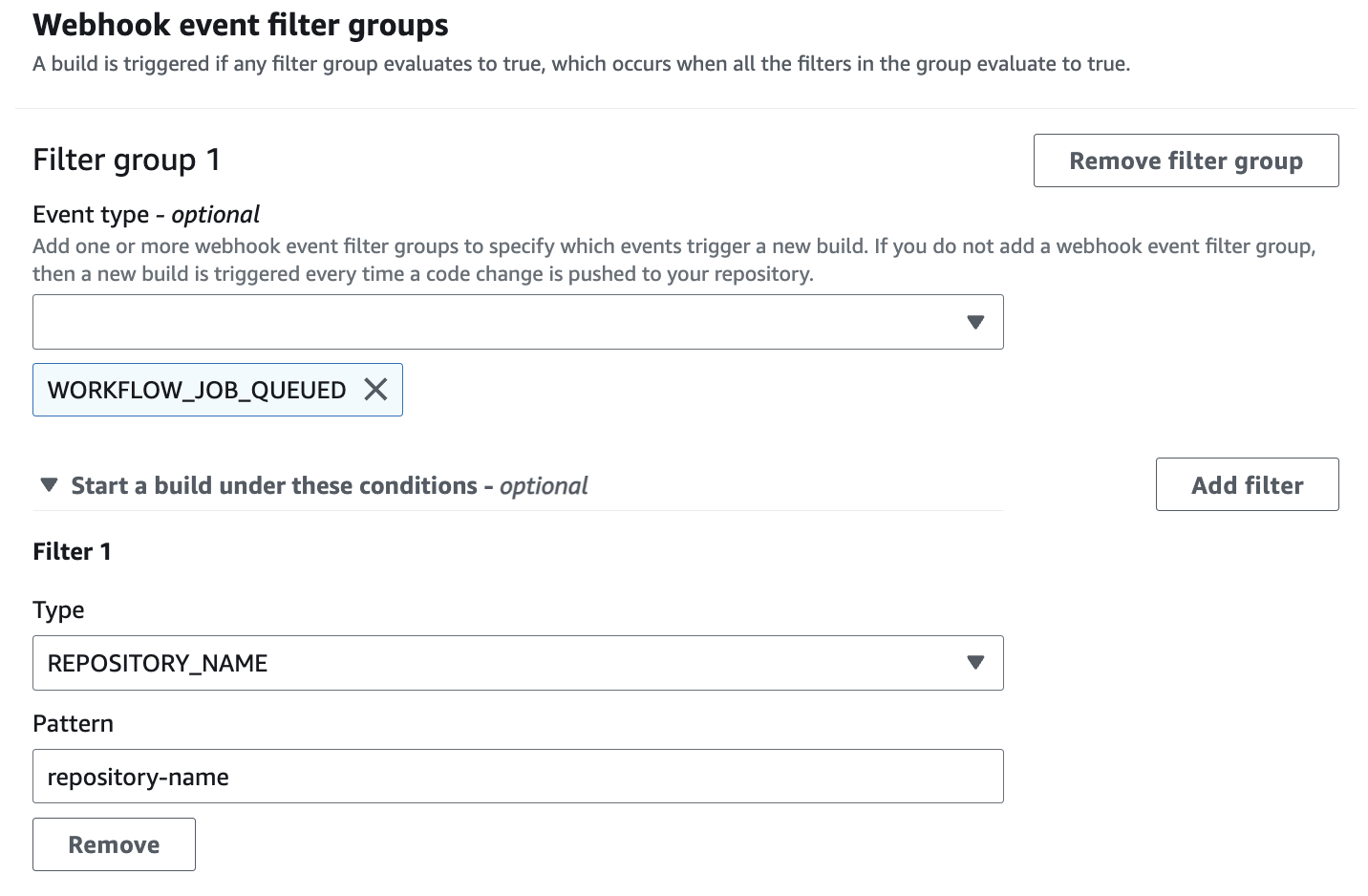 Un filtro que solo activa las compilaciones a partir de eventos de webhook de repositorios específicos.