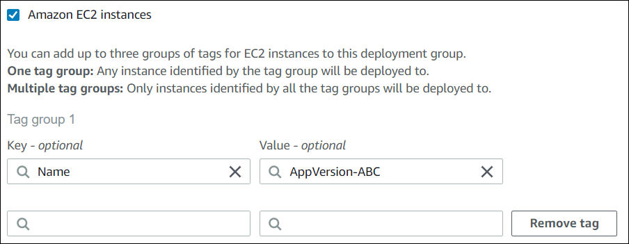 La CodeDeploy consola muestra un grupo de etiquetas con una etiqueta.