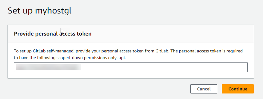 Captura de pantalla de la consola que muestra la entrada del token de acceso personal GitLab autogestionado para el nuevo host