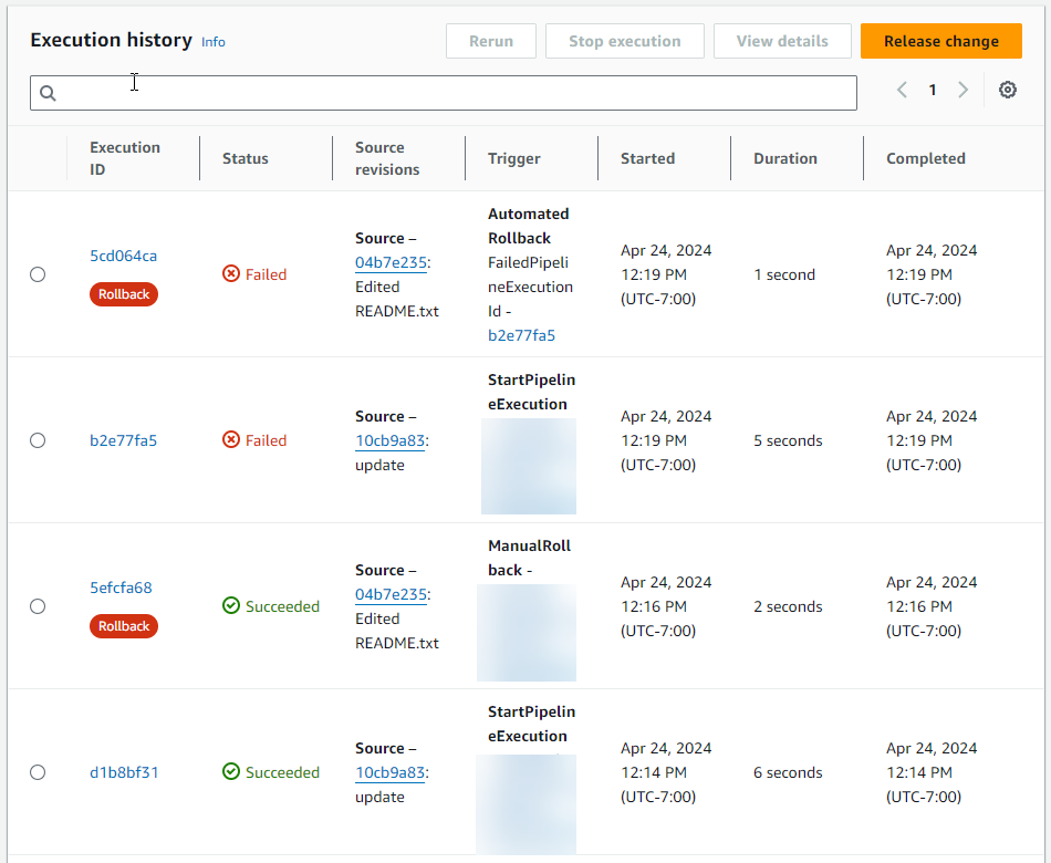 Un ejemplo de página del historial de ejecuciones que muestra la etiqueta Rollback. CodePipeline