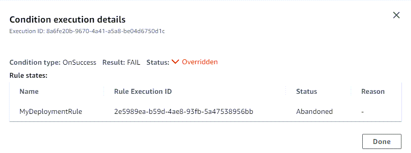 Un ejemplo de página de detalles de la condición que muestra la condición anulada en. CodePipeline