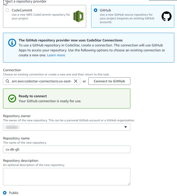 Captura de pantalla de la consola que muestra la configuración de conexión completada para un repositorio de GitHub.