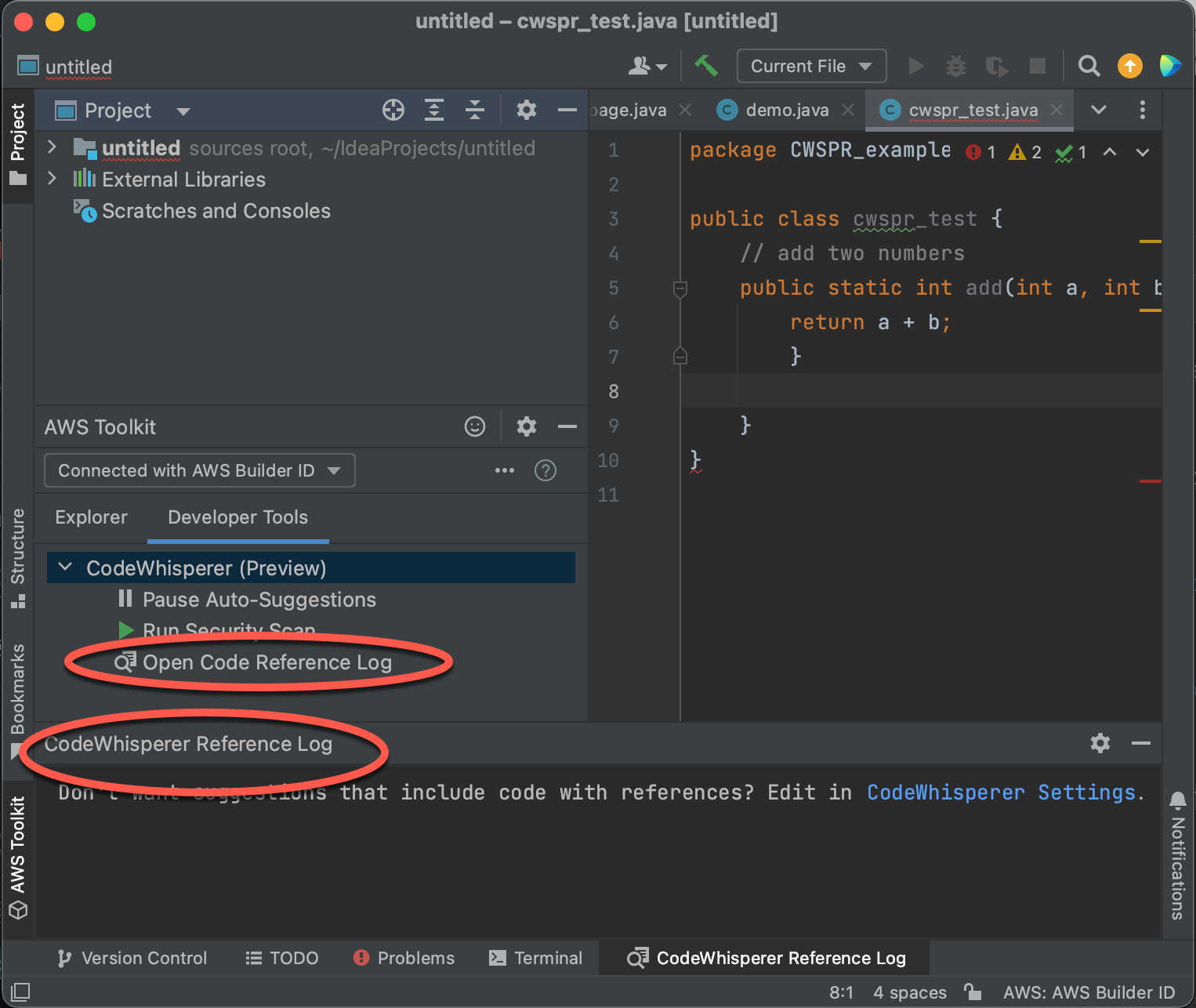 El registro CodeWhisperer de referencia de código en VS Code.