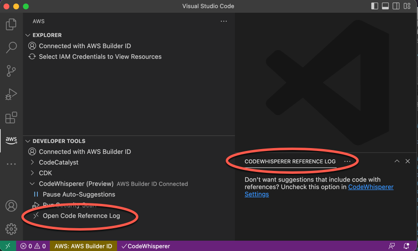 El registro CodeWhisperer de referencia del código en VS Code.