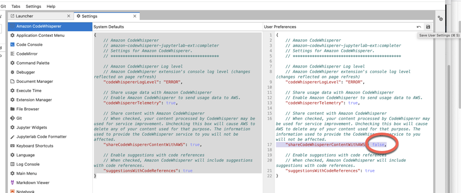 CodeWhisperer settings interface showing options for application context and user preferences.