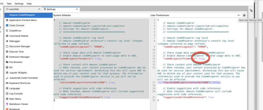 CodeWhisperer settings interface showing options for telemetry and content sharing.