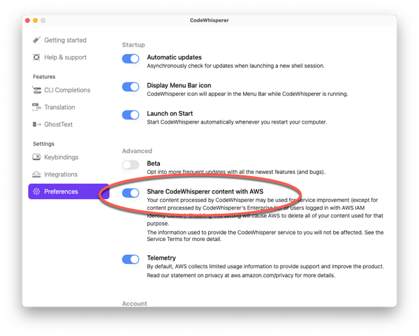 CodeWhisperer preferences window with toggle for sharing content with AWS highlighted.