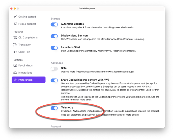 CodeWhisperer preferences window with Telemetry option toggled on.