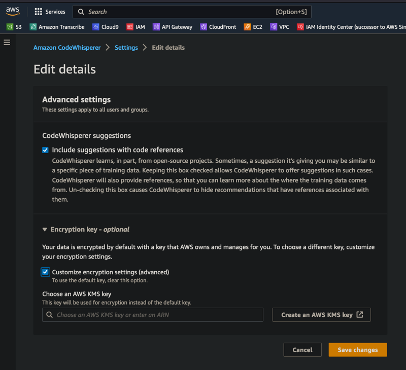 CodeWhisperer settings page with options for suggestions and encryption key customization.