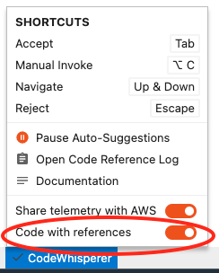 CodeWhisperer settings menu showing shortcuts and toggles for various features.