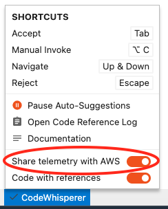 CodeWhisperer settings panel showing shortcuts and toggles for various features.