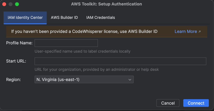 AWS Toolkit authentication setup interface with IAM Identity Center, ID de creador de AWS, and IAM Credentials options.