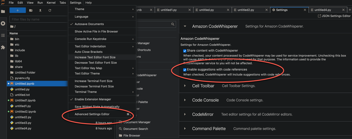 IDE interface showing settings for Amazon CodeWhisperer with options highlighted.