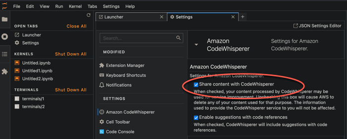 Settings panel for Amazon CodeWhisperer with option to share content highlighted.