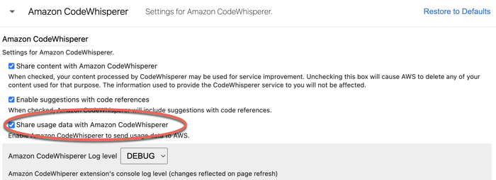 Settings panel for Amazon CodeWhisperer with options for sharing and enabling features.