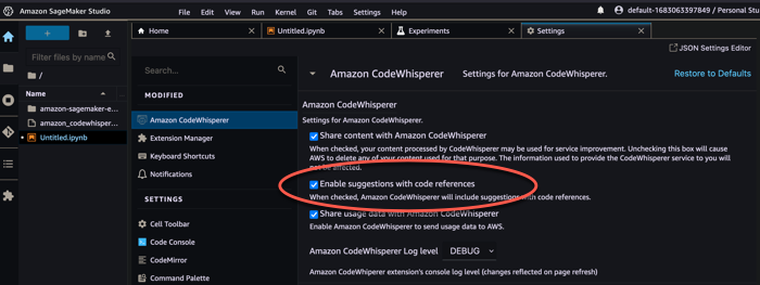 Settings panel for Amazon CodeWhisperer with "Enable suggestions with code references" option highlighted.