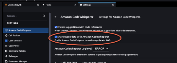 Settings panel for Amazon CodeWhisperer with option to share usage data circled.