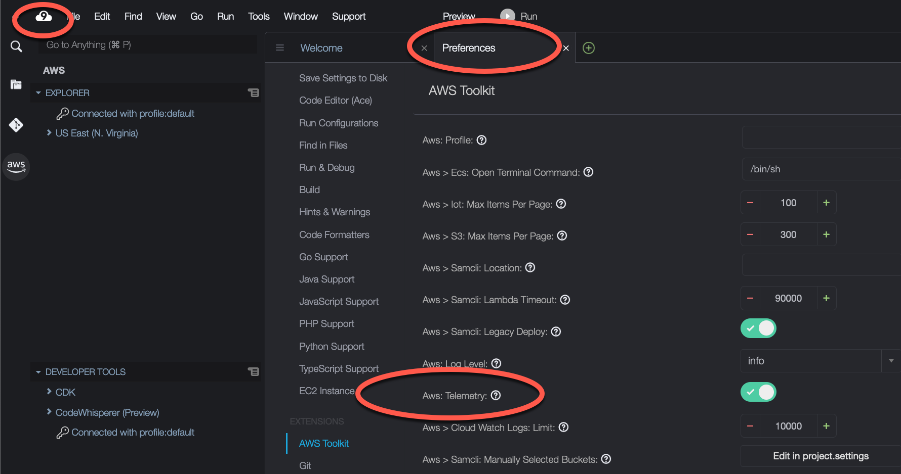 AWS Cloud9 IDE preferences window showing AWS Toolkit settings and options.