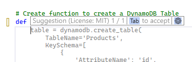 Code snippet showing the start of a function to create a DynamoDB table with a key schema.