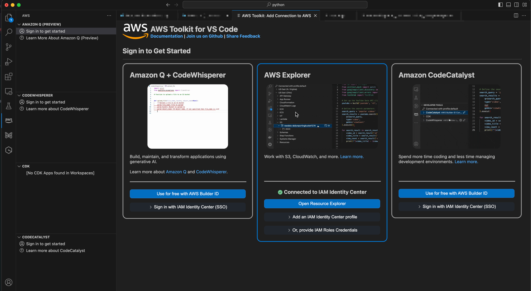 AWSToolkit for VS Code sign-in page with options for Amazon Q, AWS Explorer, and CodeCatalyst.