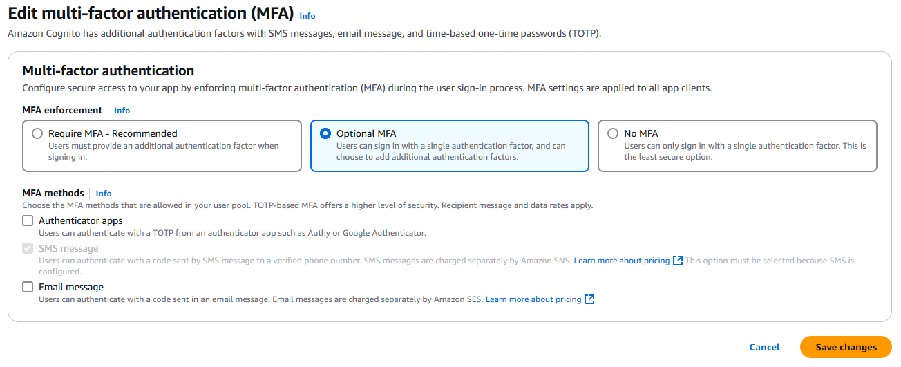 Captura de pantalla de la consola Amazon Cognito con opciones de MFA.