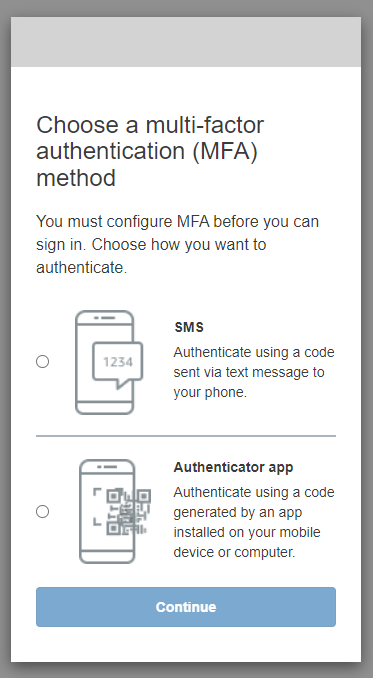 registro en una interfaz de usuario alojada que presenta una opción de autenticación multifactorial SMS o una aplicación de autenticación multifactor.