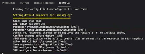 Sesión de terminal que muestra las opciones de AWS CloudFormation configuración.