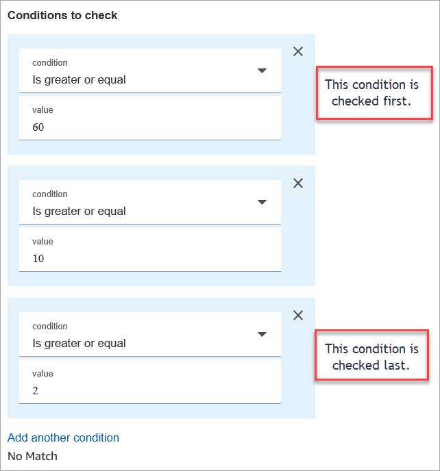 La página de propiedades del bloque Comprobar los atributos de los contactos está configurada para comparar varias condiciones.