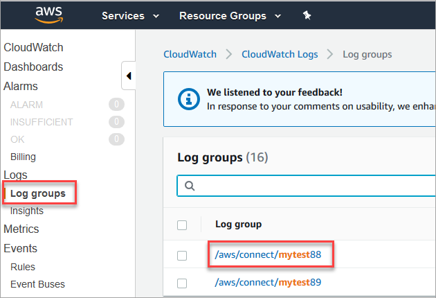 La CloudWatch consola de Amazon, los grupos de registro,/aws/connect/mytest88 y mytest89.