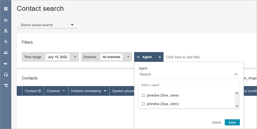 Contact search interface with time range, channel, and agent filters, and a dropdown to select agents.