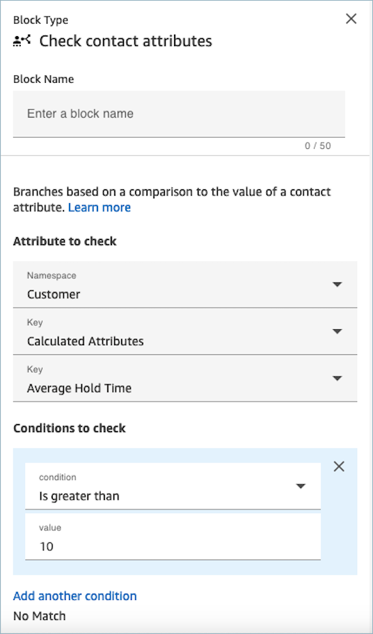 Use Comprobar atributos de contacto para enrutar a los clientes de forma condicional en función del tiempo medio de espera registrado en interacciones anteriores.