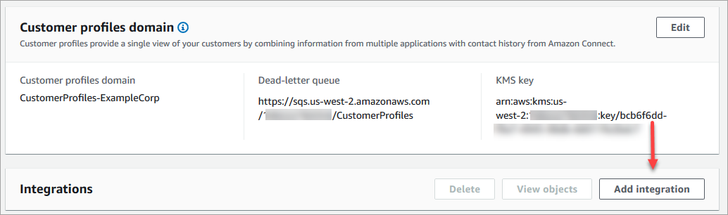 Página Configuración de perfiles de clientes, botón Agregar integración.