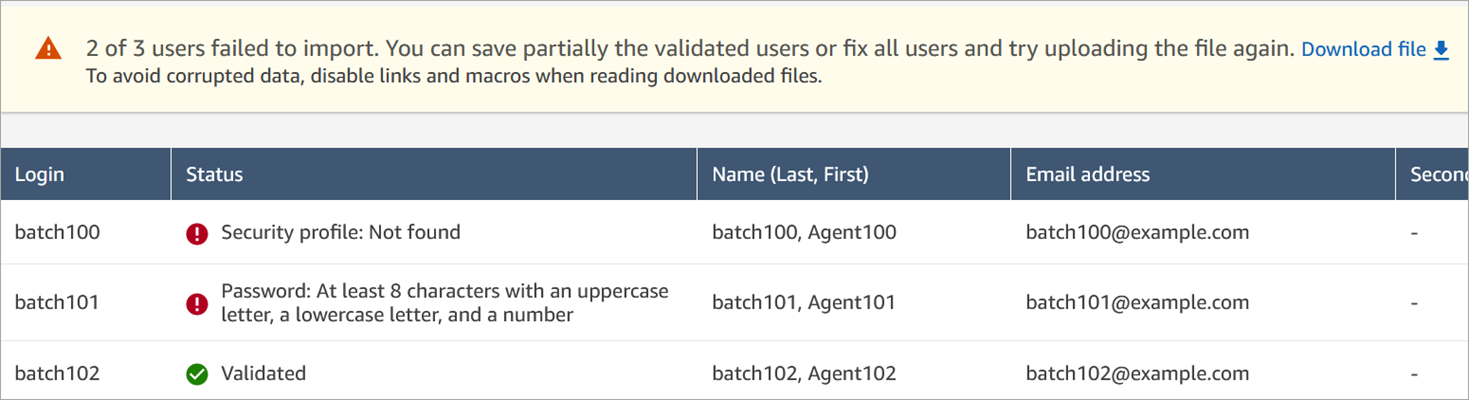 Un ejemplo de mensaje de error cuando el archivo csv no es válido.