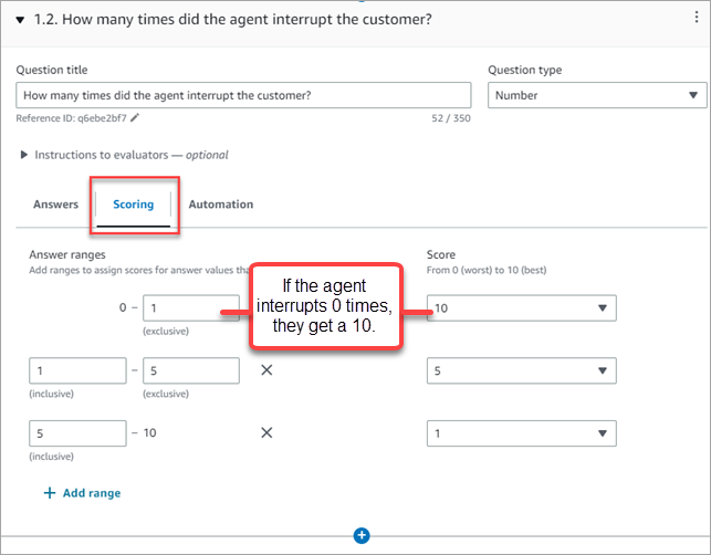 La pestaña de puntuación específica de la pregunta, los intervalos de respuestas.