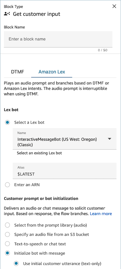 La página de propiedades de inicialización del bot o del mensaje del cliente, que muestra la opción Inicializar el bot con el mensaje o Utilizar la expresión inicial del cliente (solo texto) seleccionada.