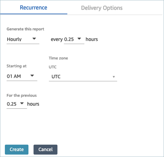 Recurrence settings for report generation, including hourly frequency and UTC time zone.