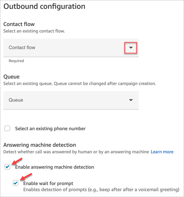 La sección de configuración saliente, la lista desplegable de flujos y la lista desplegable de colas.