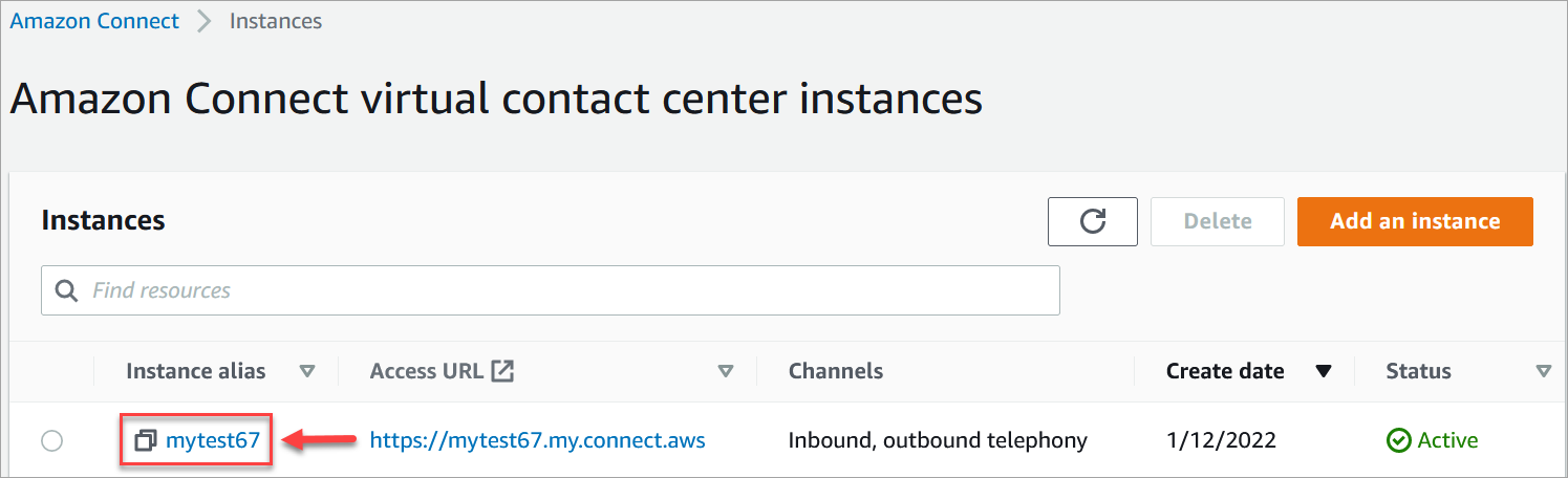 Página de instancias del centro de contacto virtual de Amazon Connect, alias de instancia.