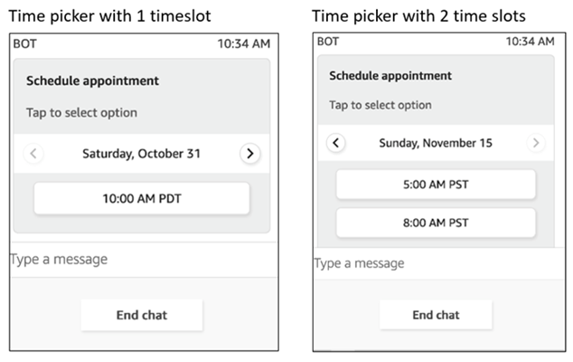 La plantilla del selector de tiempo muestra la información en un chat.