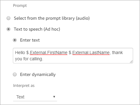 Un mensaje que contiene los atributos del text-to-speech cuadro.