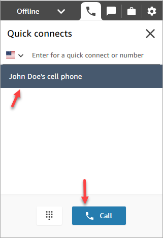 La página de conexiones rápidas delCCP, una entrada para el teléfono celular de John Doe.