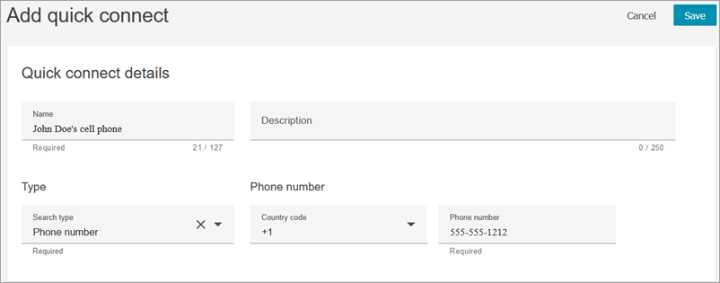El número de teléfono en la página Agregar conexión rápida.